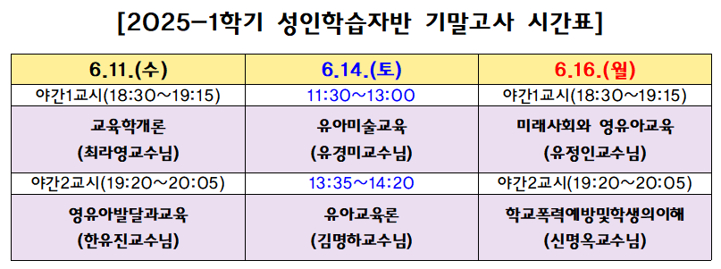 2025-1학기 성인학습자반 기말고사 시간표(유아교육과).png