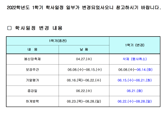 2022학년도 학사일정 변경(홈페이지 공지사항 등록)-아래글 참조 